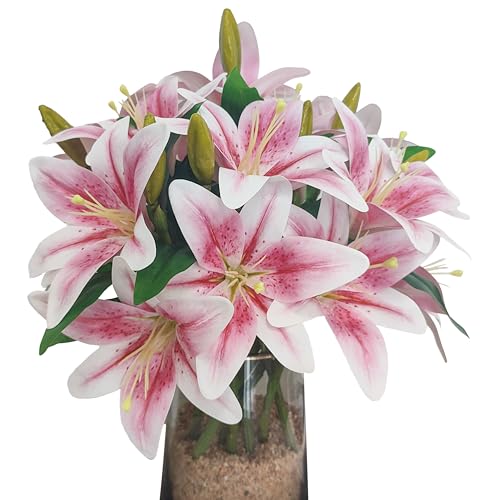 ATFL Artificial Lilies Flowers,9 Pcs Faux Lily Flowers,16''Tiger Lily Branches with 2 Full Blooms and 1 Bud,Faux Fake Lilies Plants for Wedding Bouquet Floral Arrangements (9, Light Pink) - color: Light Pink