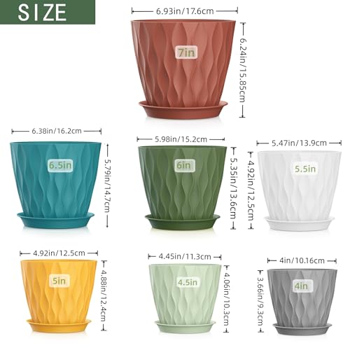 4/4.5/5/5.5/6/6.5/7 Inch Plant Pots,7 Pack Flower Pots with Drainage Holes and Trays,Plastic Planters for Indoor Outdoor Plants Growth,Multicolor - color: Colorful, size: 7+6.5+6+5.5+5+4.5+4inch
