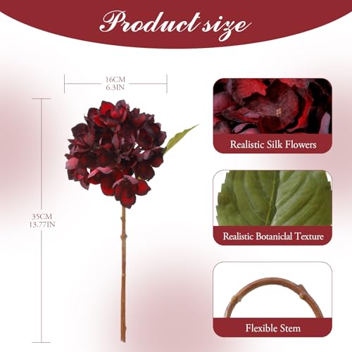 8PCS Lifelike Artificial Silk Hydrangea Flowers, Fake Hydrangea Flowers Bouquet with Stems, Full Faux Hydrangea for Home Decor Wedding Table Party Office Decor(Burgundy1) - color: Small-burgundy