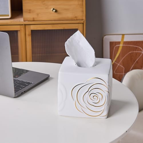 White Ceramic Cube Tissue Box Cover with Gold Rose – Large Elegant Rose Floral Square Decorative Tissue Box Holder for Bathroom, Bedroom, Office Desk, Kitchen Counter – Perfect Housewarming Gift - color: White&gold