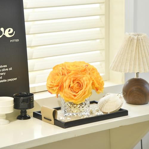 Artificial Rose in Glass Vase Vintage Silk Flower Arrangement with LED Light for Table Centerpiece Home Wedding Decoration (Golden Yellow) - color: Golden Yellow
