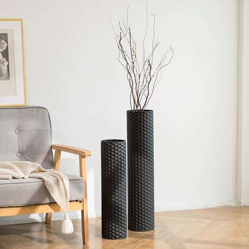 Sziqiqi Black Cylinder Tall Floor Vase: 27.6/21.7in Metal Extra Large Decorative Vase Set of 2 Living Room Modern Honeycomb Texture Big Standing Vase for Dining Bedroom Home Corner Indoor Office - color: Black