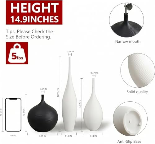 Relexome White Ceramic Vase Modern Wabi-Sabi Black Flower Vase Set of 3 Decorative Aesthetic Vases for Centerpieces Pampas Matte Minimalist Vases for Living Room Table Shelf Home Decor Gift - color: 2white+black