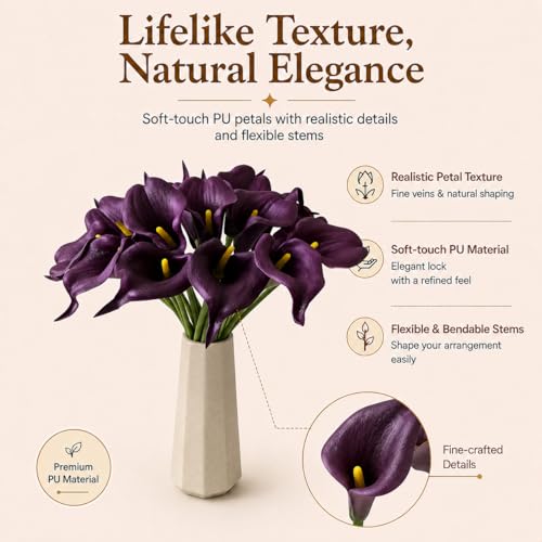 Mandy's 20pcs Grape Purple Calla Lily Artificial Flowers | 13.5 Inch PU Realistic Bouquet for Vase Elegant Home Decor Centerpiece Wedding Bridal Bouquet Table Decoration - color: Grape Purple