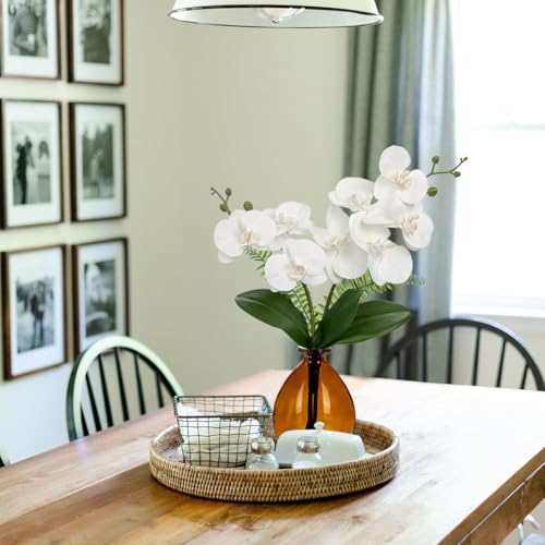 Oairse White Orchids Artificial Flowers, Faux Orchid in Glass Vase Real Touch Small Phalaenopsis Orchid Flowers Arrangements with Amber Vase Orchids Centerpiece for Dining Room Table - color: White & Amber