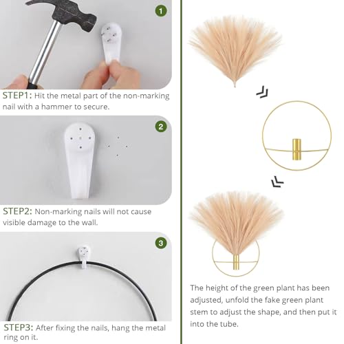 Pretty Jolly Boho Wall Decor - Mounted Metal Hanging Artificial Pampas Display for Living Room, Bedroom, Bathroom, Dining Room - Plant Art 2 Pack - color: 16-pampas-YellowCoffee - Black Ring, size: S 7.8inch (Black Ring)
