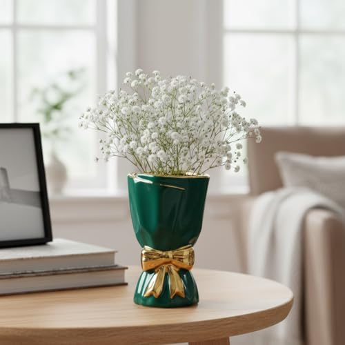 Green Ceramic Vases Home Decor, Modern Bow Vase for Flower - 7 Inch Small Decorative Vase for Bathroom, Shelf, Window Sill, End Table Decor, Dresser Centerpieces - color: Dark Green, size: 7 inch