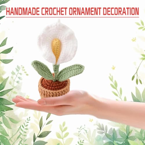 2 Pieces Mini Crochet Calla Lily Potted Plants, Handmade Knitted Fake Calla Lily with Planter for Bathroom Home Kitchen Rustic Table Centerpiece Decor, White - color: White