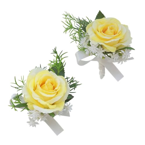 Corsage and Boutonniere Set, Handmade Artificial Peony Rose Wrist Corsage Wristlet and Groom Boutonniere for Men Wedding Prom Suit Decorations (Yellow) - color: Yellow