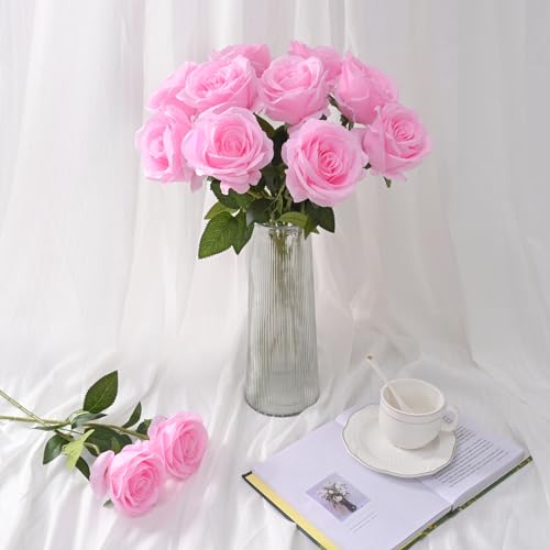 Waipfaru 16 Pcs Valentines Day Flowers, Fake Roses Artificial Flowers with Long Stems, Silk Pink Roses Bouquet for Wedding Vase Mothers Day Flower Arrangement Home Decor (Pink) - color: B-pink, size: 16 Pcs