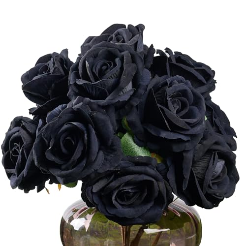 PONKING 3.5"(9cm) Rose Artificial Flower 12pcs Realistic Faux Silk Roses Fake Flowers Bouquets Arrangements Decor for Wedding Mother's Day, Home Table Christmas Valentine Decorations, Black Flower - color: D 12pcs Black Rose