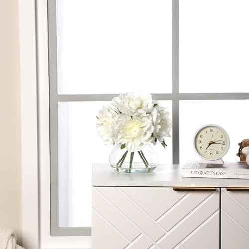 White Peony Bouquet in Glass Vase - 6 Piece Artificial Flower Arrangement with Faux Water for Wedding & Home Centerpieces - color: Peony Flowers, size: White