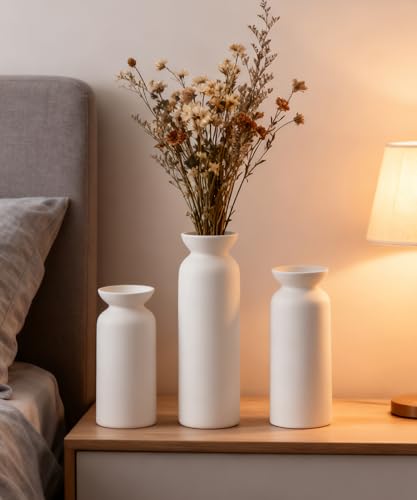 White Ceramic Vase Set of 3 Small Flower Vases for Decor Modern Boho Farmhouse Style Decorative Vases Dried Flowers - color: White-vt12
