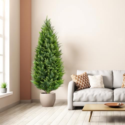 Artificial Topiary Tree 2-Set - 4 Feet Tall UV Protected Faux Cedar Pines - Outdoor & Indoor Decor - Heavy Duty Pots - Realistic Fake Tree - Artificial Plants Outdoor - size: 48in
