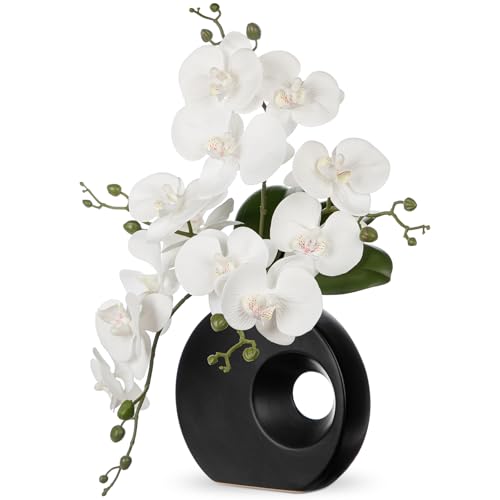 Briful Artificial Orchid Flowers in Black Modern Ceramic Vase 15.7" Tall White Faux Orchid Arrangement Silk Orchid Flower Fake Orchid Centerpiece for Home Office Room Wedding Table Décor - color: White, size: Black Ceramic Pot