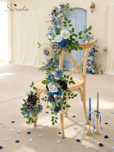 Serwalin Artificial Flowers, Blue & Grey Fake Silk Flowers for DIY Wedding Bridal Bouquets Faux Cake Flowers for Table Centerpieces Party Baby Shower Floral Decorations - color: Blue & Grey, size: Square
