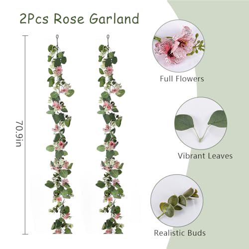 2Pack Eucalyptus Flower Garland with Violet 5.9Ft Artificial Ivy Greenery Hanging Vine Fake Ivy Floral Plants Garland for Wedding Outdoor Garden Party Background Table Runner, Total 11.8Ft, Pink - color: Pink Violet