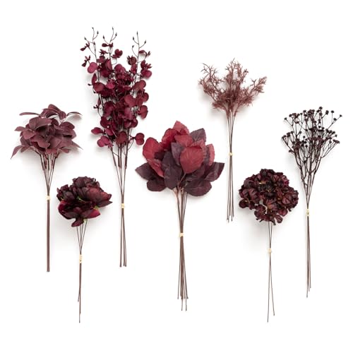 Ling's moment Artificial Greenery Stems Box Set, 35pcs with 7 Kinds of Faux Flowers Picks for DIY Bridal Bouquets Wedding Floral Arrangement Table Centerpieces, Moody Burgundy - color: Red-moody Burgundy