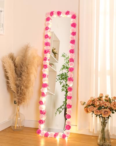 LemonRoad 92 Pcs Pink Roses Artificial Flower Mirror Border Foam Flower Heads with LED Light DIY Mirror Frame Door Frame Decoration for Bedroom Bathroom Wedding Birthday Clothing Store Decoration
