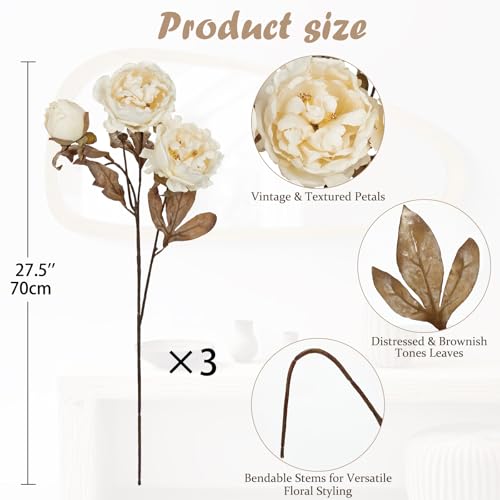 Briful Artificial Peony Flowers Bouquet 3PCS 27.5in Tall Beige Vintage Silk Peony Floral Stems Realistic Fake Peonies Branches for Rustic Home Wedding Vase Centerpieces Arrangements Decor - color: Beige