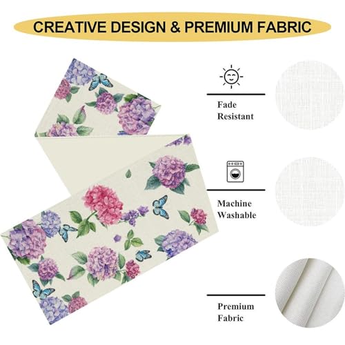Hydrangea Table Runner, Spring Summer Watercolor Purple Floral Seasonal Country Farmhouse Coffee Table Center Decor for Home Kitchen Dining Patio Holiday Party Table Decorations 13x36 inches - color: Tr-flower08, size: 13x36" Table Runner