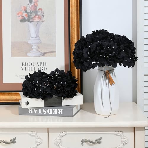 Fake Black Hydrangea Artificial Flowers - Faux Silk Hydrangeas Flowers Heads with Stems Real Touch for Home Wedding Party Table Decor(Black,Black of 10) - color: Black