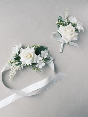 White Rose Wrist Corsage and Boutonniere Set with Ribbon Ties Wedding Prom Formal Accessories (White) - color: White