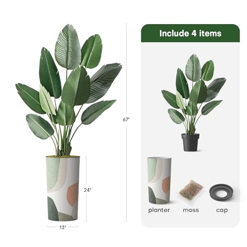 Artificial Tree in Multicolor Textured Geometric Shapes Illustrations Planter, Fake Bird of Paradise Silk Tree for Indoor and Outdoor Home Decoration - 67" Overall Tall (Plant Pot Plus Tree) - style: Bird of Paradise