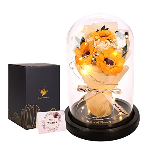Rose Gifts for Mom,Flower Rose in Glass Dome with 2 Lighting Mode,Sunflower Gifts for Mother,Artificial Forever Flowers Xmas Birthday Gifts for Women Mom Wife Girlfriend Sister Friend - color: Yellow Rose