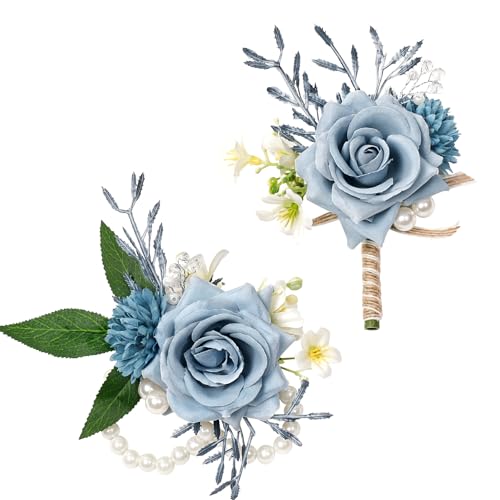Serwalin Corsage and Boutonniere Set, Boutonniere and Wrist Corsage Wristlet Prom Homecoming Wedding Flowers Accessories Prom Suit Decorations (Blue & Dusty Blue) - color: Dusty Blue, size: 1 Boutonniere & 1 Wrist Corsage - 2pcs