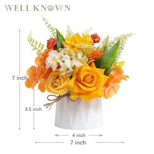 WELL KNOWN Small Fake Flowers in Plastic Vase, 7" Yellow Orange Silk Flower Arrangements for Home Decor, Indoor Artificial Flower Bouquet Centerpieces for Dining Kitchen Wedding Coffee Table Decor - color: Orange & Yellow