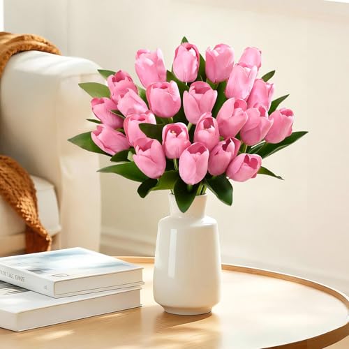 Livole 12Pcs Pink Tulips Artificial Flowers Fake Faux Tulip Flower | Real Touch, Soft Material, 14 Inch, Bendable Stems, for Arrangement Wedding Spring Home Decor Floral Party Centerpiece - color: Pink