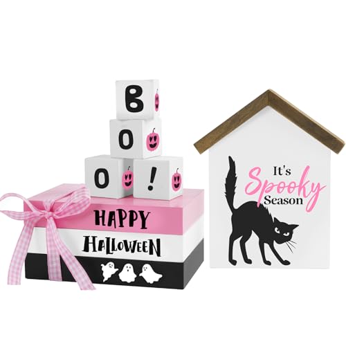 nuvagiki Halloween Decorations, 8 Pcs Pink Halloween Tiered Tray Decor, Spooky Black Cat Book Stack Wooden Decoration for Home Indoor, Rustic Pumpkin Faux Books Kitchen, Office, Table Decor - color: Pink