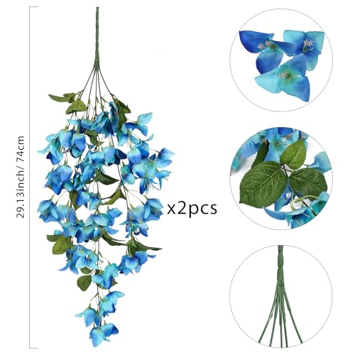 IPOPU Artificial Bougainvillea Hanging Flowers 2PCS UV Resistant Fake Silk Bougainvillea Plant Vine Faux Hanging Flowers for Garden Yard Porch Patio Wedding Wall Home Outdoor Decoration (Blue) - color: Blue