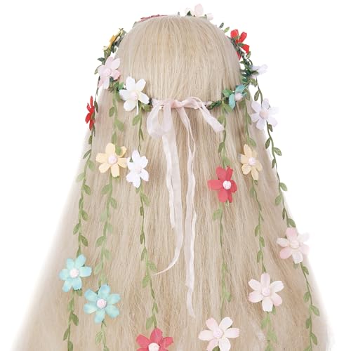 Colorful Fairy Flower Headpiece, Bohemian Hippie Daisy Floral Headband, Forest Vine Flower Crown for Women Bridal Wedding Boho Renaissance Party Costume Cosplay Accessory - color: Multicolor 1