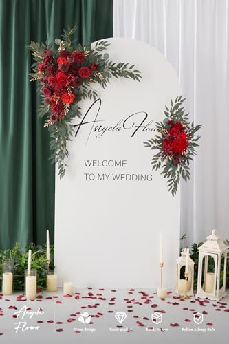 Deluxe Wedding Arch Flowers with Drapes Kit Pack of 4, 2pcs Burgundy & Red Hanging Silk Flowers Arrangement 2pcs Chiffon Drapes for Ceremony Arbor Party Outdoor Decor - color: Burgundy & Red