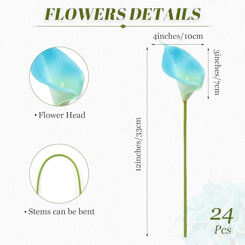 24 Pcs Artificial Calla Lily Flowers Fake Silk Flowers Real Touch for Wedding Bouquet Office Home Kitchen Decor (Peacock Blue) - color: Peacock-blue