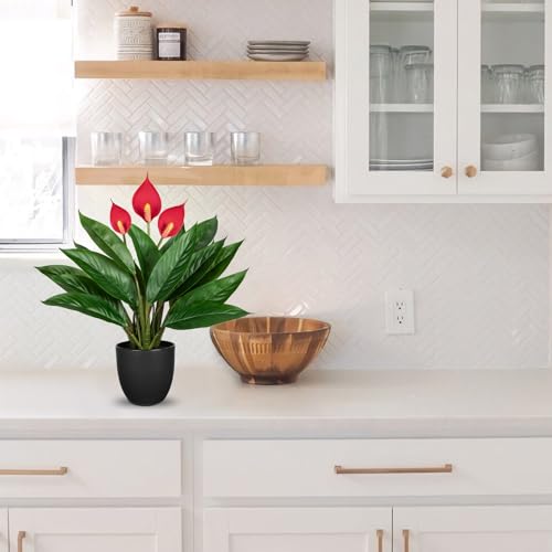 GnFlus 20'' Realistic Red Anthurium Artificial Potted Plant, Fake Flowers for Home Office Farmhouse Kitchen Bathroom Table Shelf Decor - color: 20'' Pink