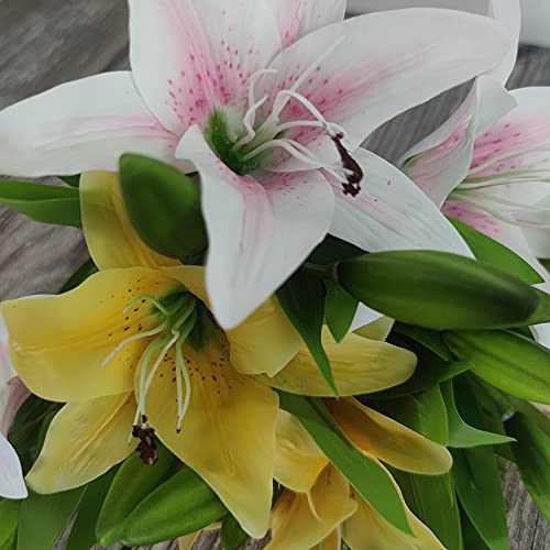 7 Pcs Artificial Lily Flowers Artificial Lilies Flowers for Home Wedding Bouquets Home Hotel Party Decor Graves Arrangement (Yellow,Light Pink) - color: Yellow,light Pink