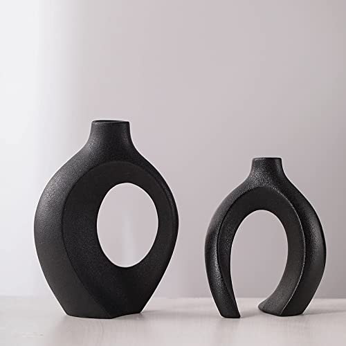 Liotww Black Vases Home Decor Set of 2, Ceramic Black Small Flower Vase, Minimalist Boho Decorative Modern Donut Vase for Farmhouse Living Dining Room Office Entryway Bookshelf Coffee Table Décor - color: Large-matte Black