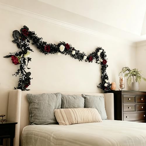 CQURE 2Pack Eucalyptus Garland,Artificial Eucalyptus Leaves Flowers Table Greenery Garland Wreath Vines for Wedding Party Fireplace Bedroom Room Decor - size: 17.7 Ft with Flowers-Black