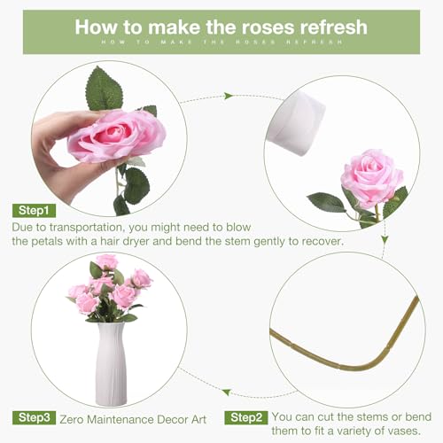 Thiccywoov 30 Pcs Rose Artificial Flowers in Bulk Lifelike Long Stem Silk Roses Bouquets Realistic Faux Flowers for Wedding Bridal Shower Home Decor Floral Arrangements Table Centerpiece(Pink) - color: Pink