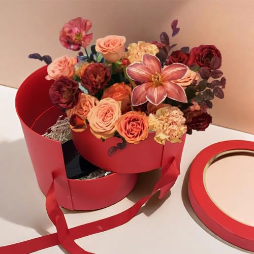 BBJ WRAPS Flower Box with Lid for Arrangements, Double Layers Rotating Drawer Luxury Round Flower Bouquet Gift Boxes Packaging, 1 Set, 7.5"(D) x 6.5"(H) (Black) - color: Black Round