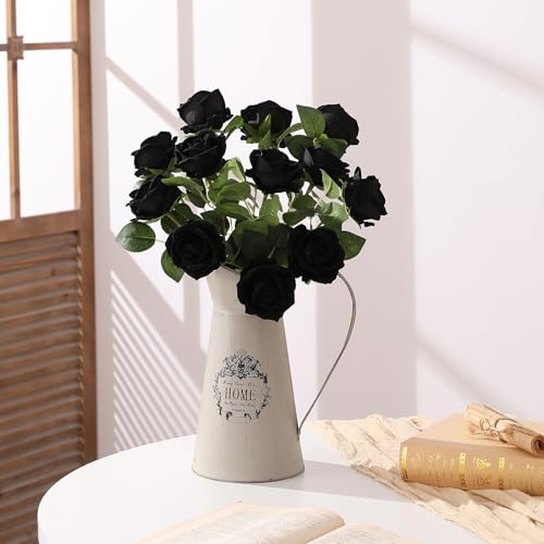 Hawesome 12PCS Artificial Flowers Fake Roses, Realistic Velvet Long Stem Red Roses Bouquet for Wedding Centerpiece Home Decor Party & Valentines (Black) - color: Black