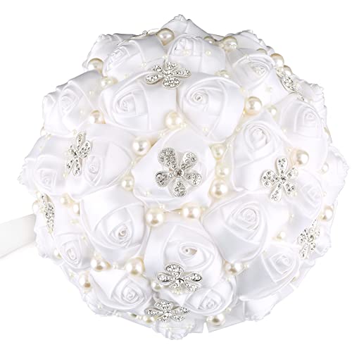 Handmade Wedding Flowers Bridal Bouquets Crystal Bride Holding Bouquet White Ivory Satin Roses with Diamond Pearl Ribbon.(allwhite) - color: Allwhite