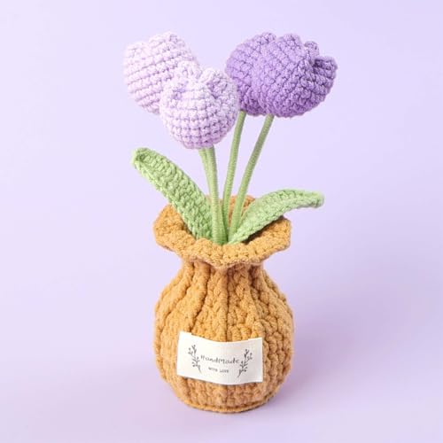 Crochet Tulip Flower Plant, Small Cute Handmade Knitted Flowers with Vase, Small Crochet Potted Artificial Flower Plants for Desk Home Car Dashboard Office Decorations (Tulip-Purple) - color: Tulip-purple