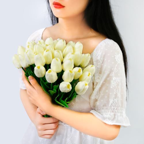 36 Pcs Tulips Artificial Flowers, 13 Inches Real Touch PU Fake Tulips for Wedding Bouquets, Home Decor - color: Creamy White