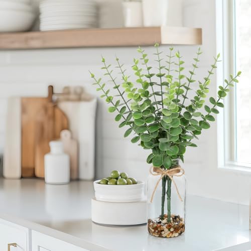 Hollyone Artificial Eucalyptus Stems in Glass Vase with Faux Water and Stones, 15.7" Fake Plants Eucalyptus Leaves Branch for Indoor Shelf Desk Home Bathroom Wedding Table Centerpiece Decor - color: Green #4