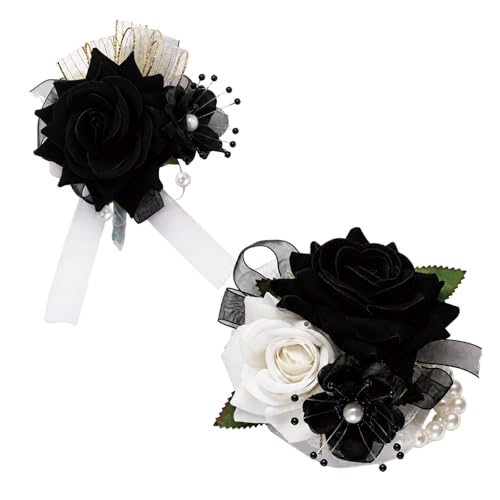 Wrist Corsage and Boutonniere Set, Artificial Rose Corsage Wristlet and Boutonniere for Wedding Prom Party (Black-002) - color: Black-002