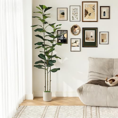Alupssuc 6FT Artificial Fiddle Leaf Fig Tree with White Planter Pot, 6 feet Tall Fake Tree for Home Decor, Faux Ficus Tree Fake Moss for Indoor Outdoor Office Living Room - size: 6ft
